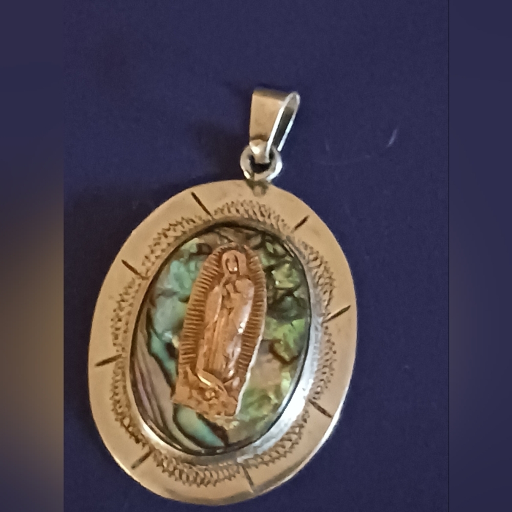Vintage Sterling/Abalone Our Lady of Guadalupe Pendant
